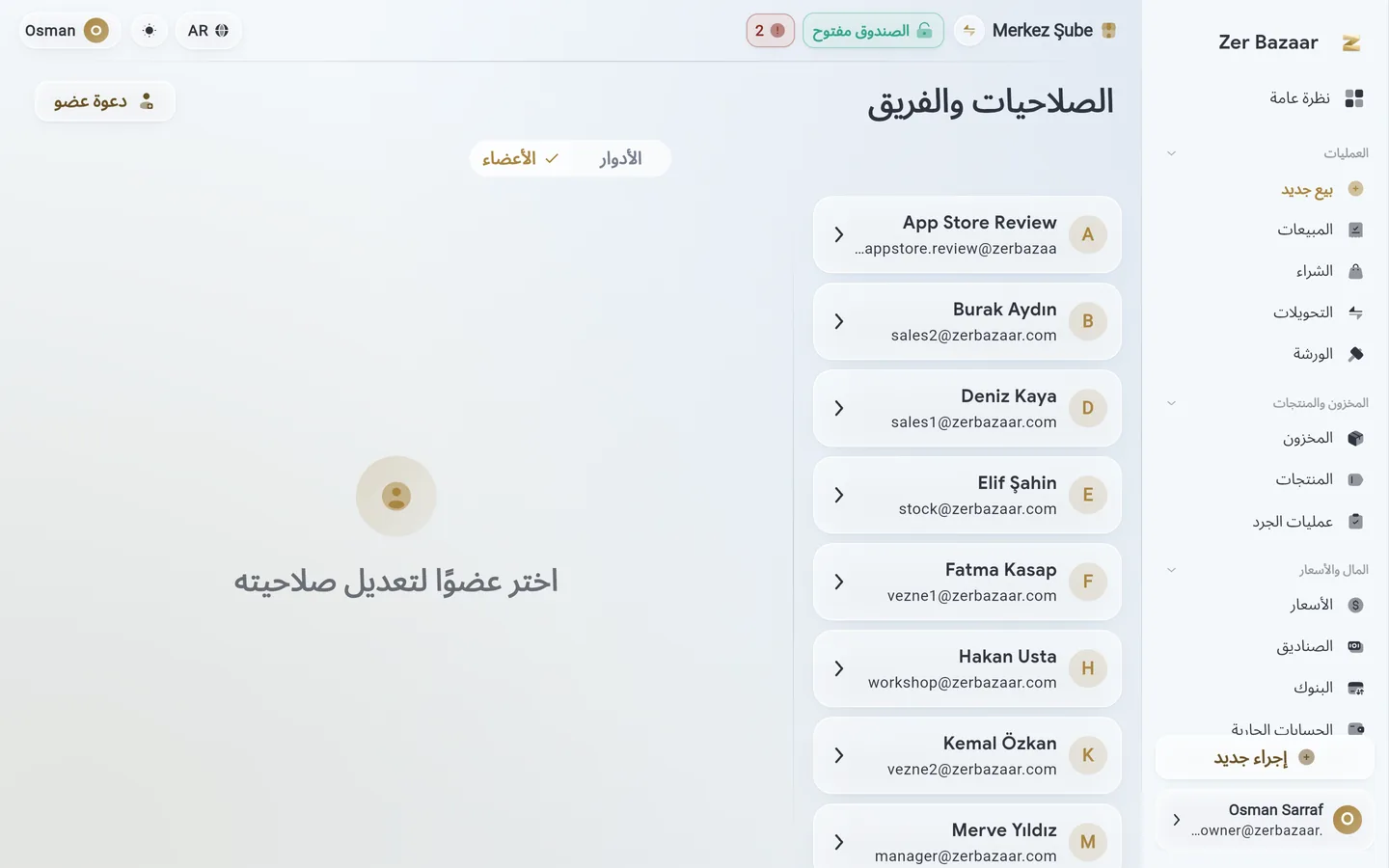 شاشة الفريق والأدوار.