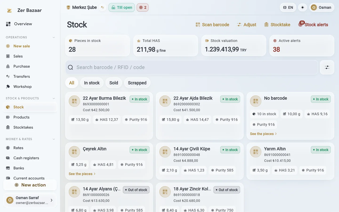 Stock list: pieces, grams and the fine-gold total.