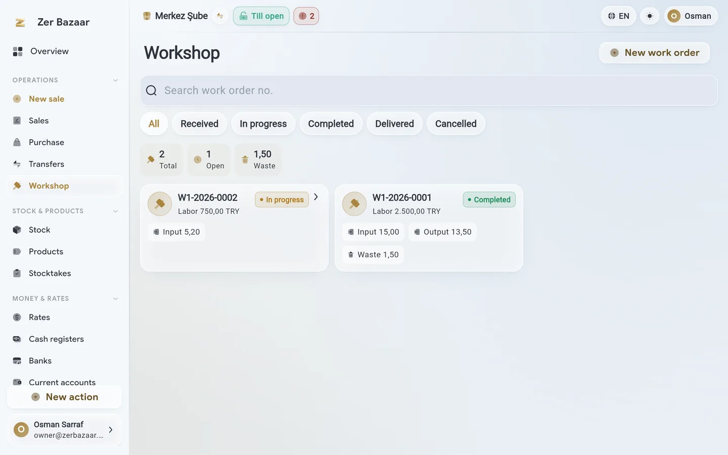 Workshop work-order list.