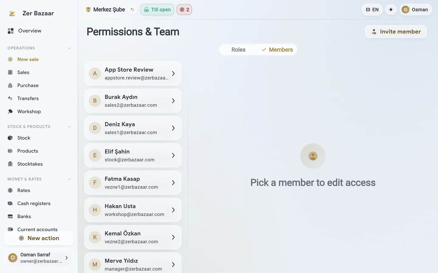 Team and roles screen.