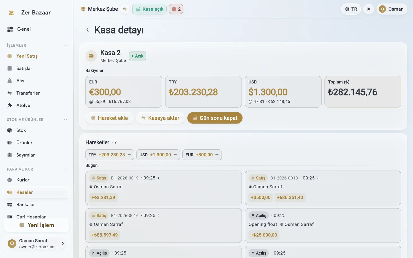 Kasa günü: lira, dolar ve euro bakiyeleri ile günün hareketleri.