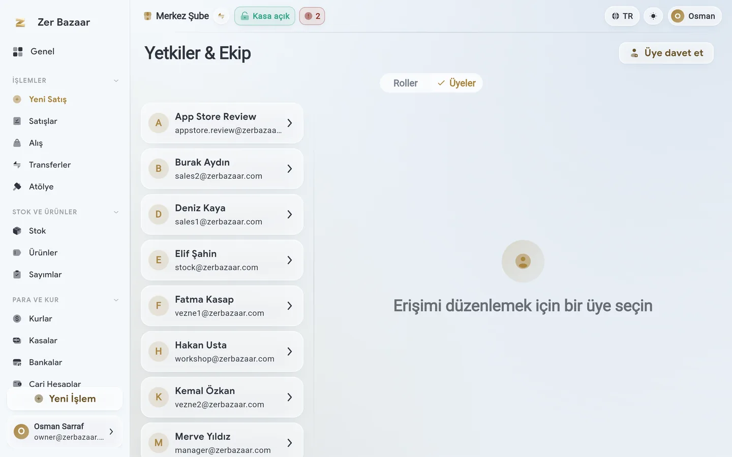 Ekip ve roller ekranı.